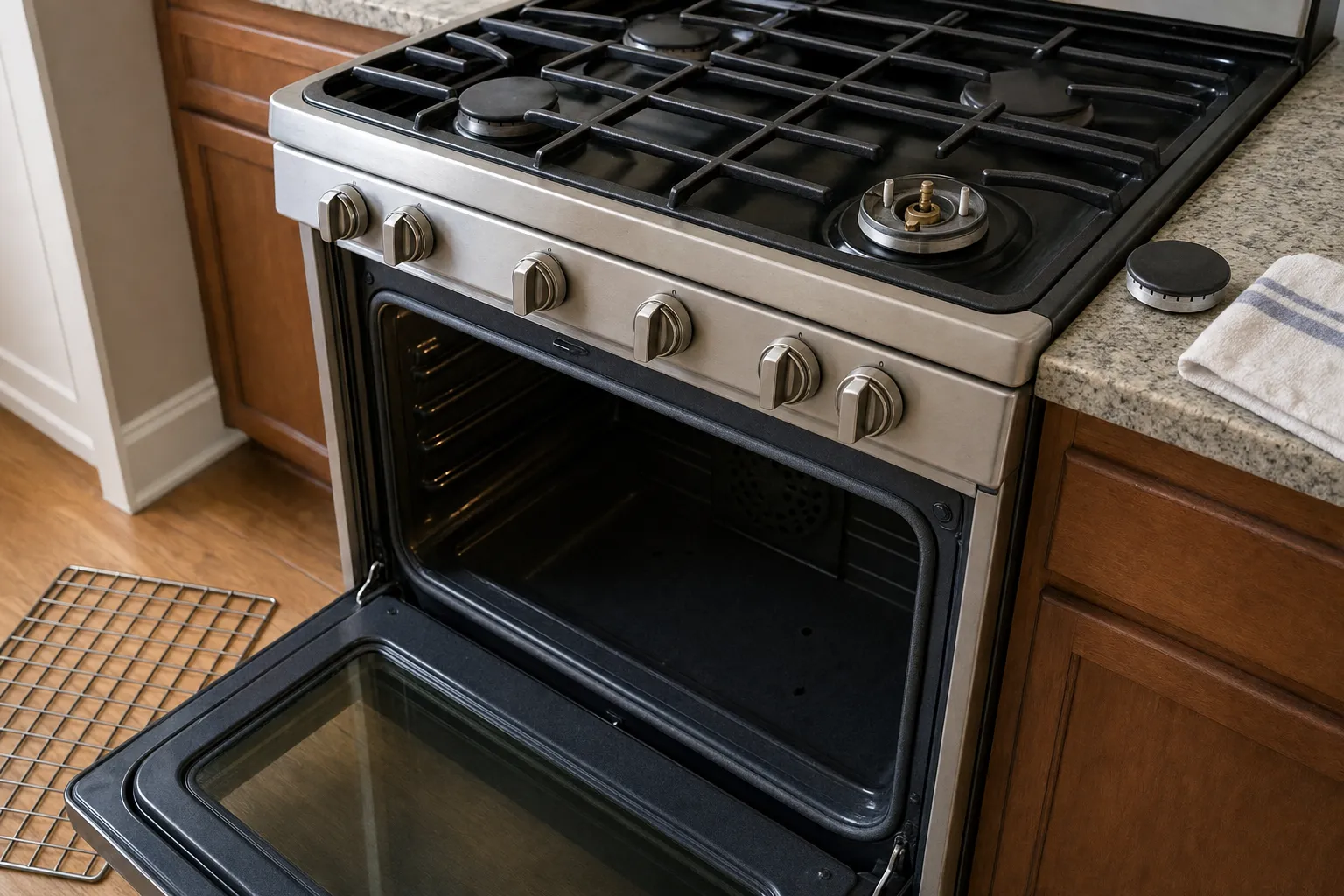 Gas range with the oven door open and one cooktop burner disassembled, its cap set aside on the counter