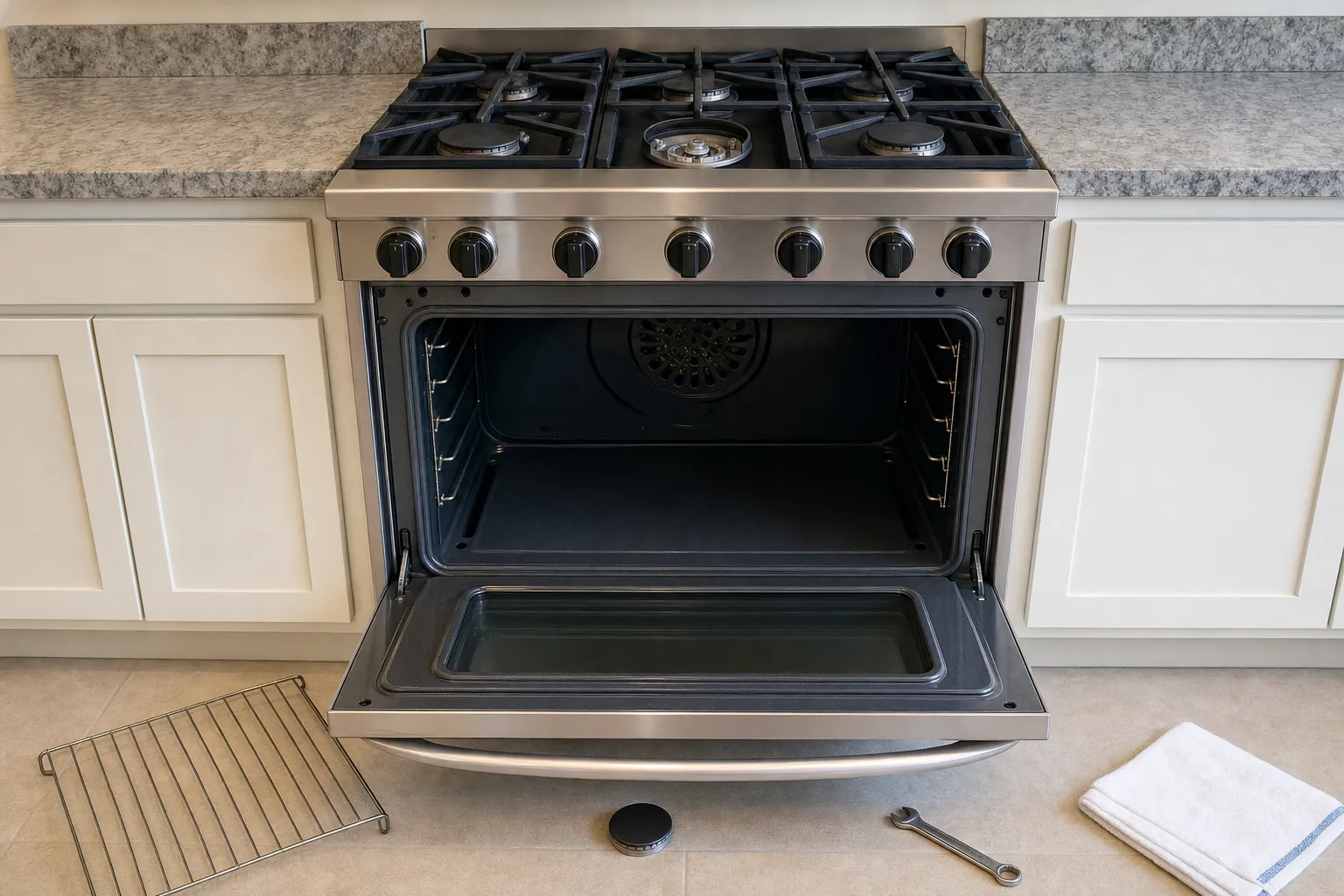 Wide pro style gas range with the oven door open and empty, oven rack and wrench on the floor beside it