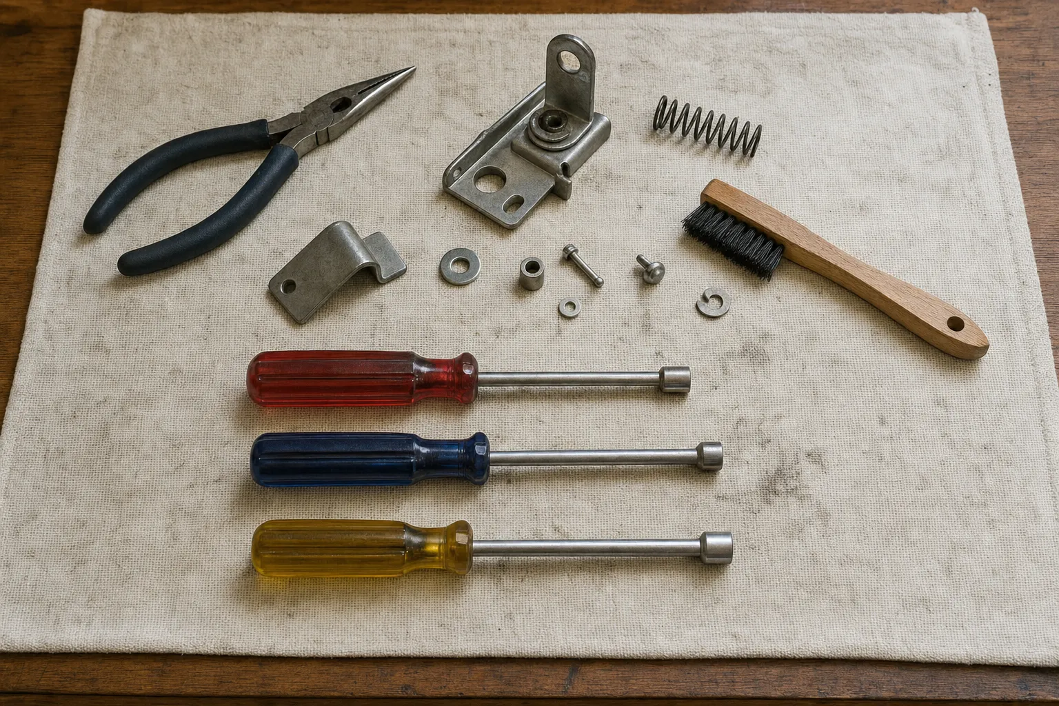 Needle-nose pliers, three nut drivers, a wooden brush, a hinge bracket, a coil spring and washers on a canvas cloth